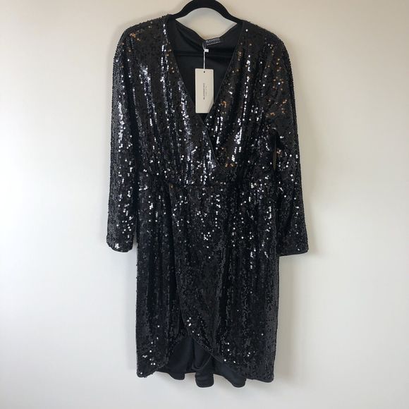 BloomChic Black Metallic Sequined Long Sleeve Dress Faux Wrap Size 14/16 NWTs - Picture 5 of 13